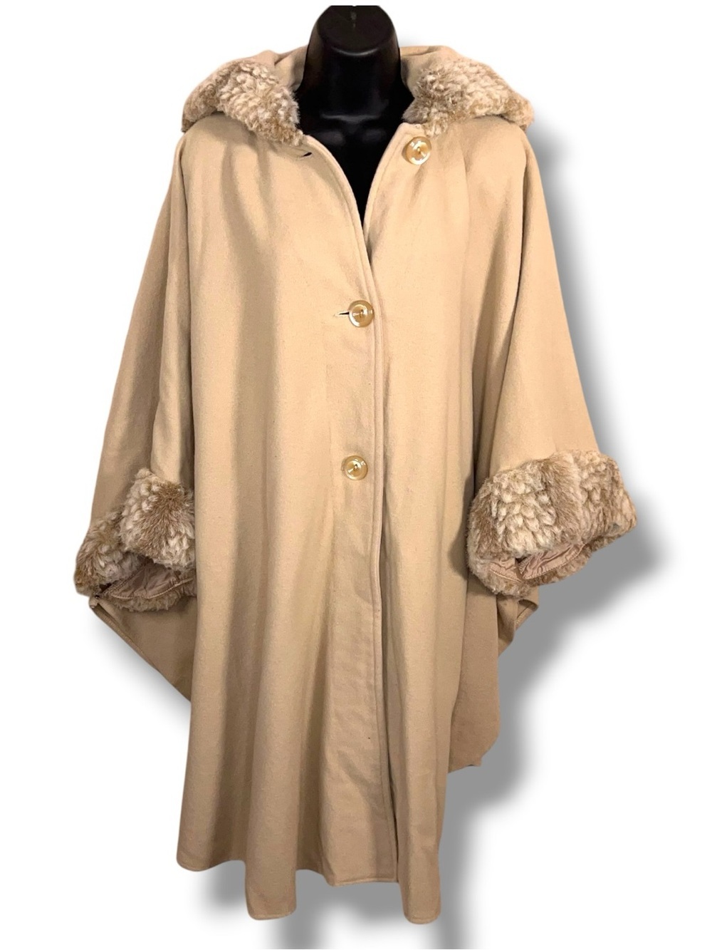 Vintage Womens Wool Blend Poncho Coat Hooded JD Neutral Classic Fur Trim Beige